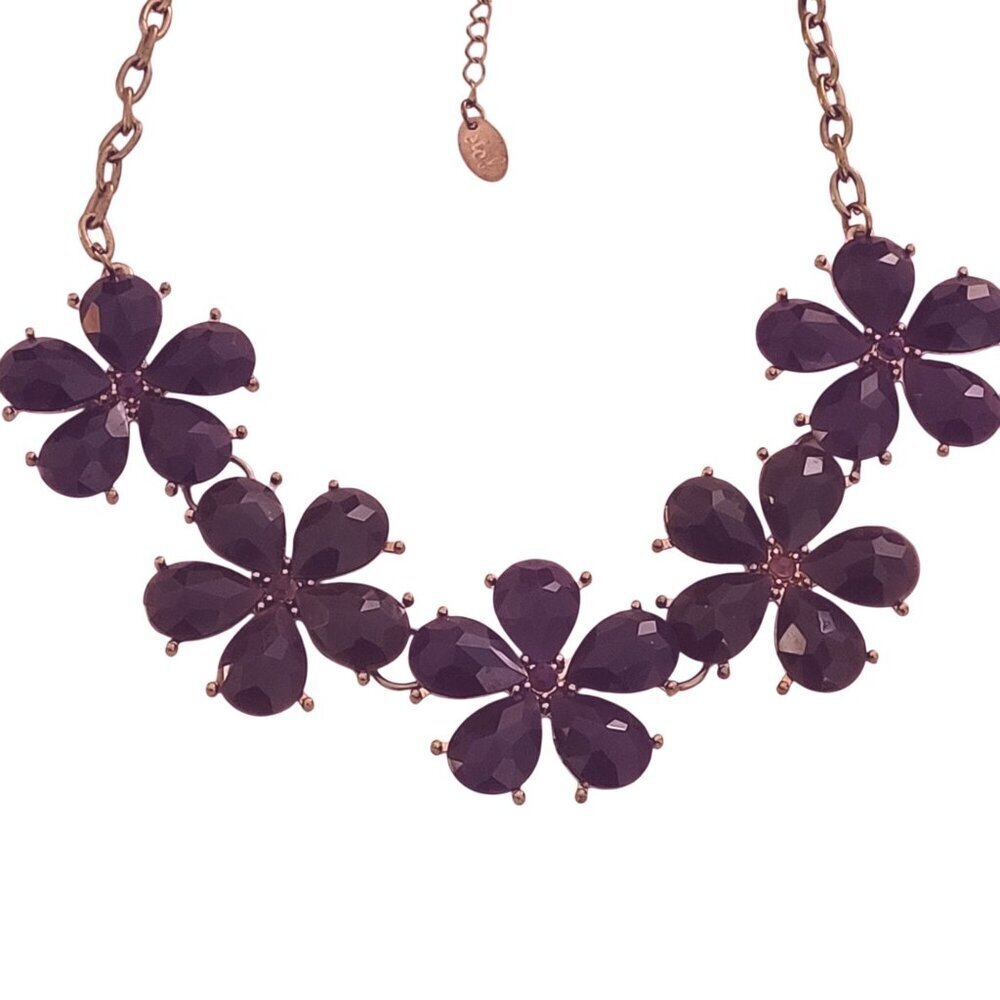 etc! Purple Rhinestone Floral Statement Necklace Gold Tone Chain 18" Adjustable - Picture 2 of 6
